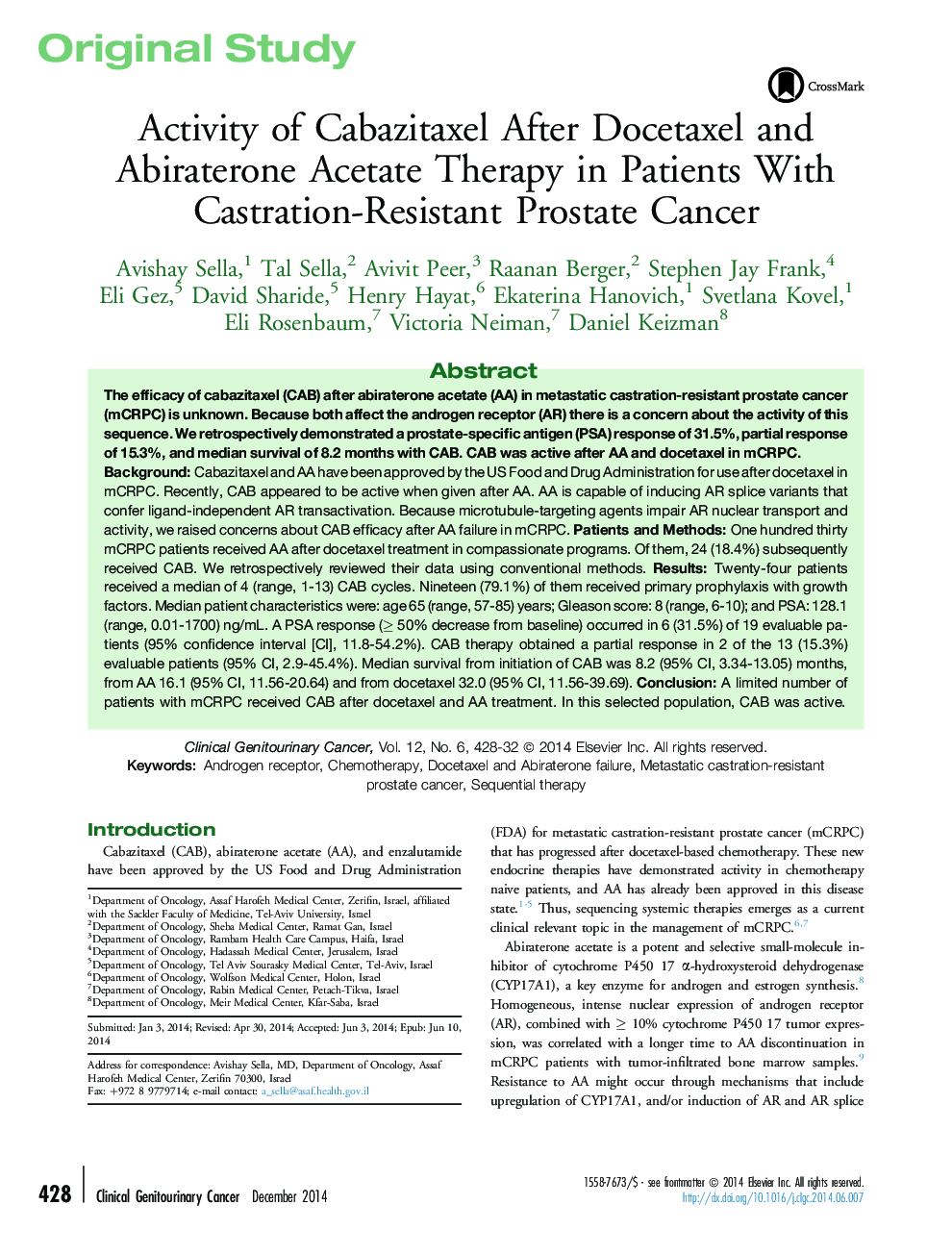 Activity of Cabazitaxel After Docetaxel and Abiraterone Acetate Therapy in Patients With Castration-Resistant Prostate Cancer