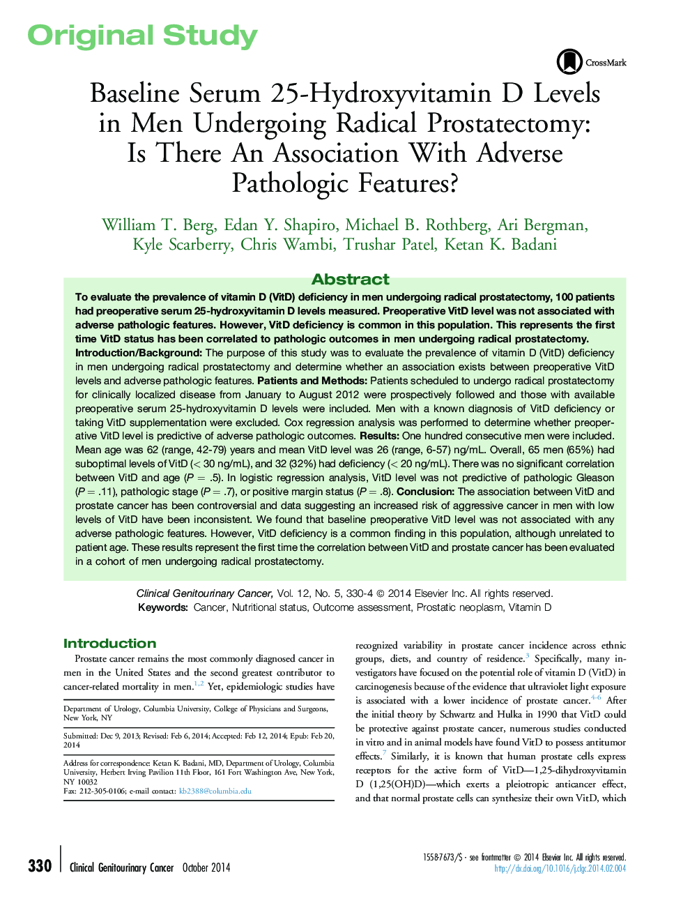 Baseline Serum 25-Hydroxyvitamin D Levels in Men Undergoing Radical Prostatectomy: Is There An Association With Adverse Pathologic Features?