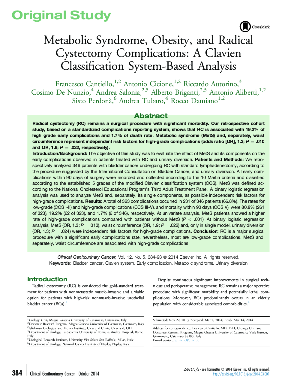 Metabolic Syndrome, Obesity, and Radical Cystectomy Complications: A Clavien Classification System-Based Analysis