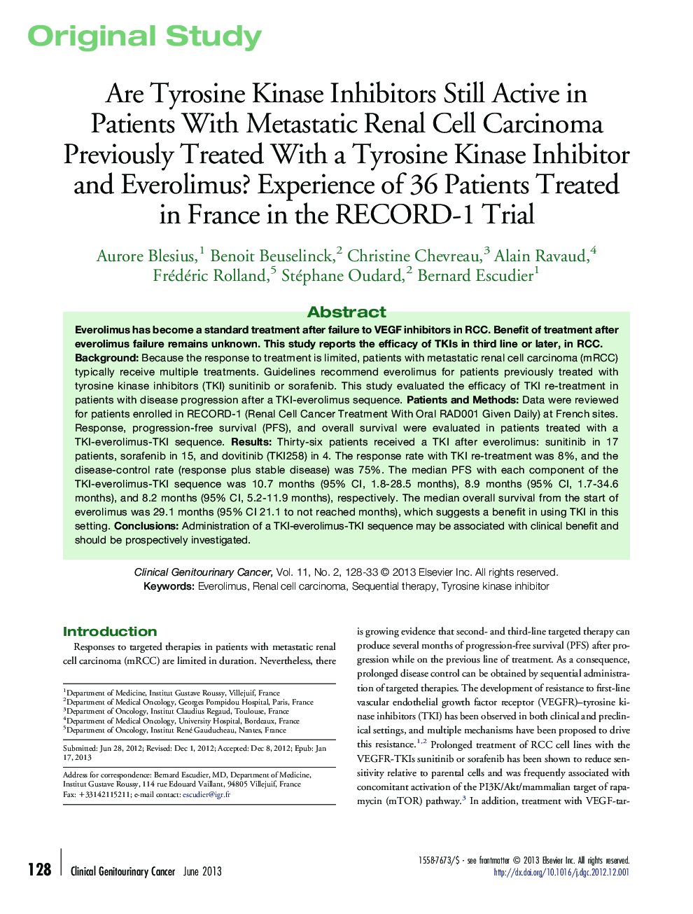Are Tyrosine Kinase Inhibitors Still Active in Patients With Metastatic Renal Cell Carcinoma Previously Treated With a Tyrosine Kinase Inhibitor and Everolimus? Experience of 36 Patients Treated in France in the RECORD-1 Trial