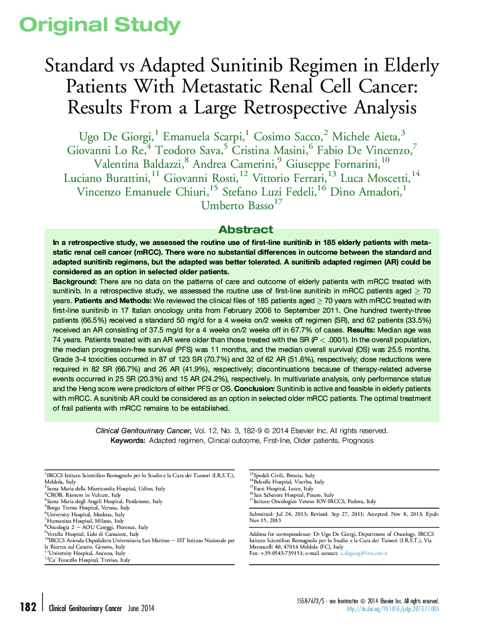 Standard vs Adapted Sunitinib Regimen in Elderly Patients With Metastatic Renal Cell Cancer: Results From a Large Retrospective Analysis