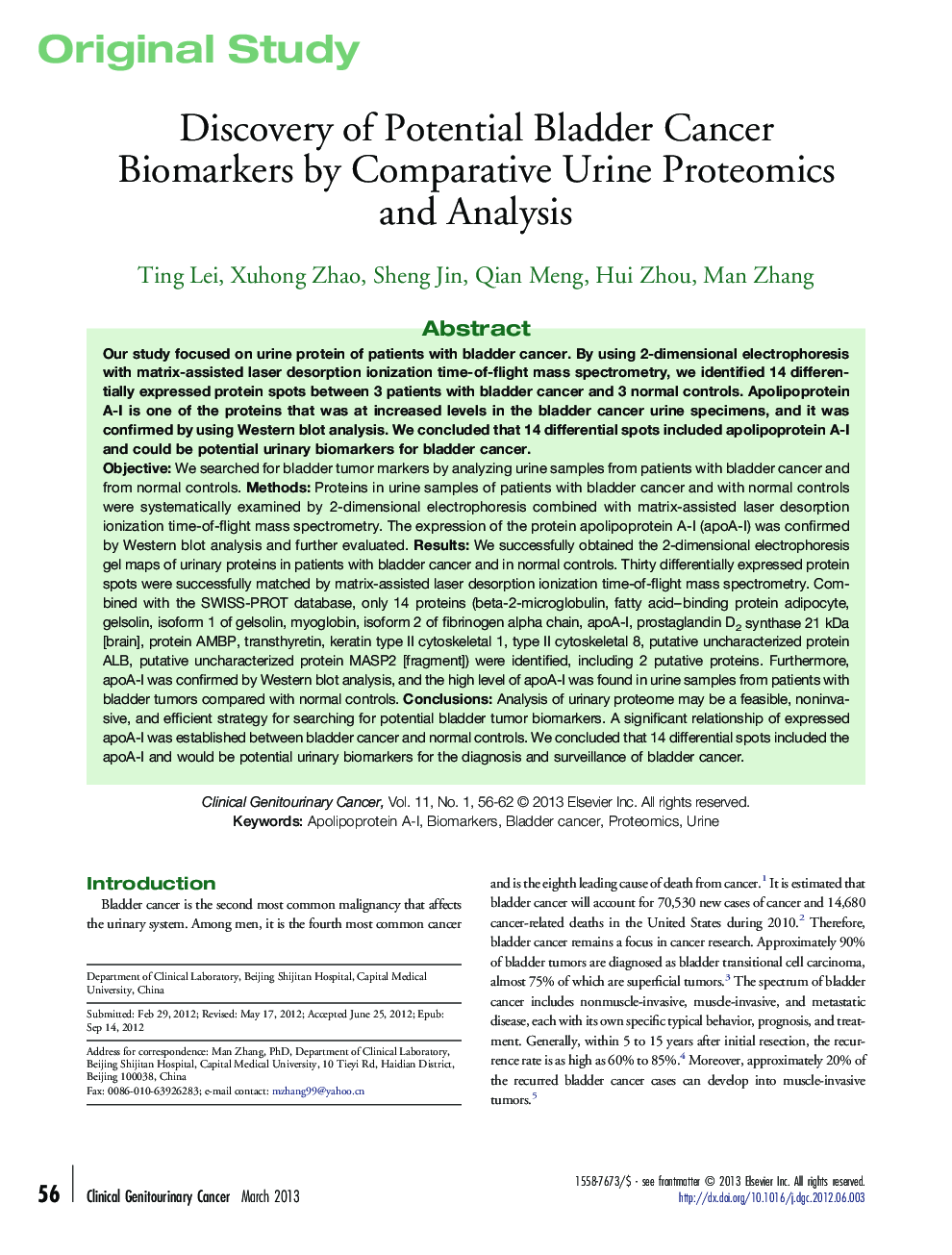 Discovery of Potential Bladder Cancer Biomarkers by Comparative Urine Proteomics and Analysis