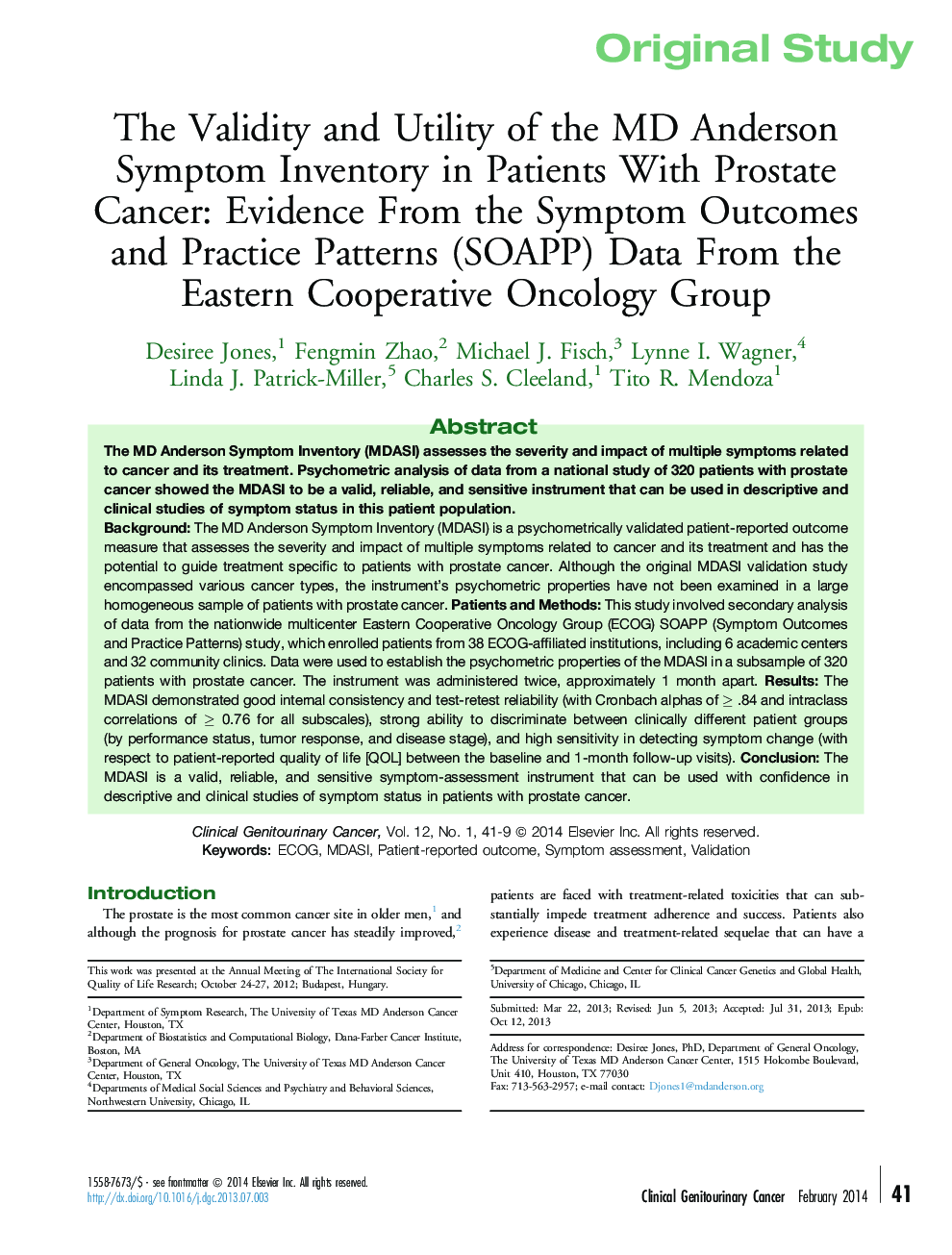 The Validity and Utility of the MD Anderson Symptom Inventory in Patients With Prostate Cancer: Evidence From the Symptom Outcomes and Practice Patterns (SOAPP) Data From the Eastern Cooperative Oncology Group