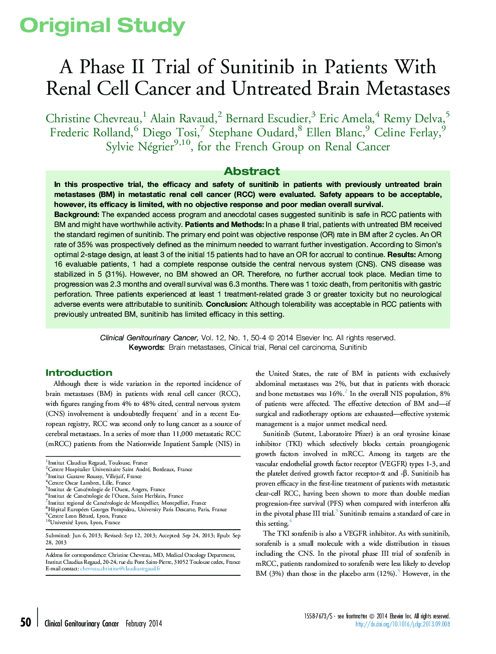 یک مطالعه فاز دوم سونیتینیب در بیماران مبتلا به سرطان سلول های کلیه و متاستازهای مغز نابارور 
