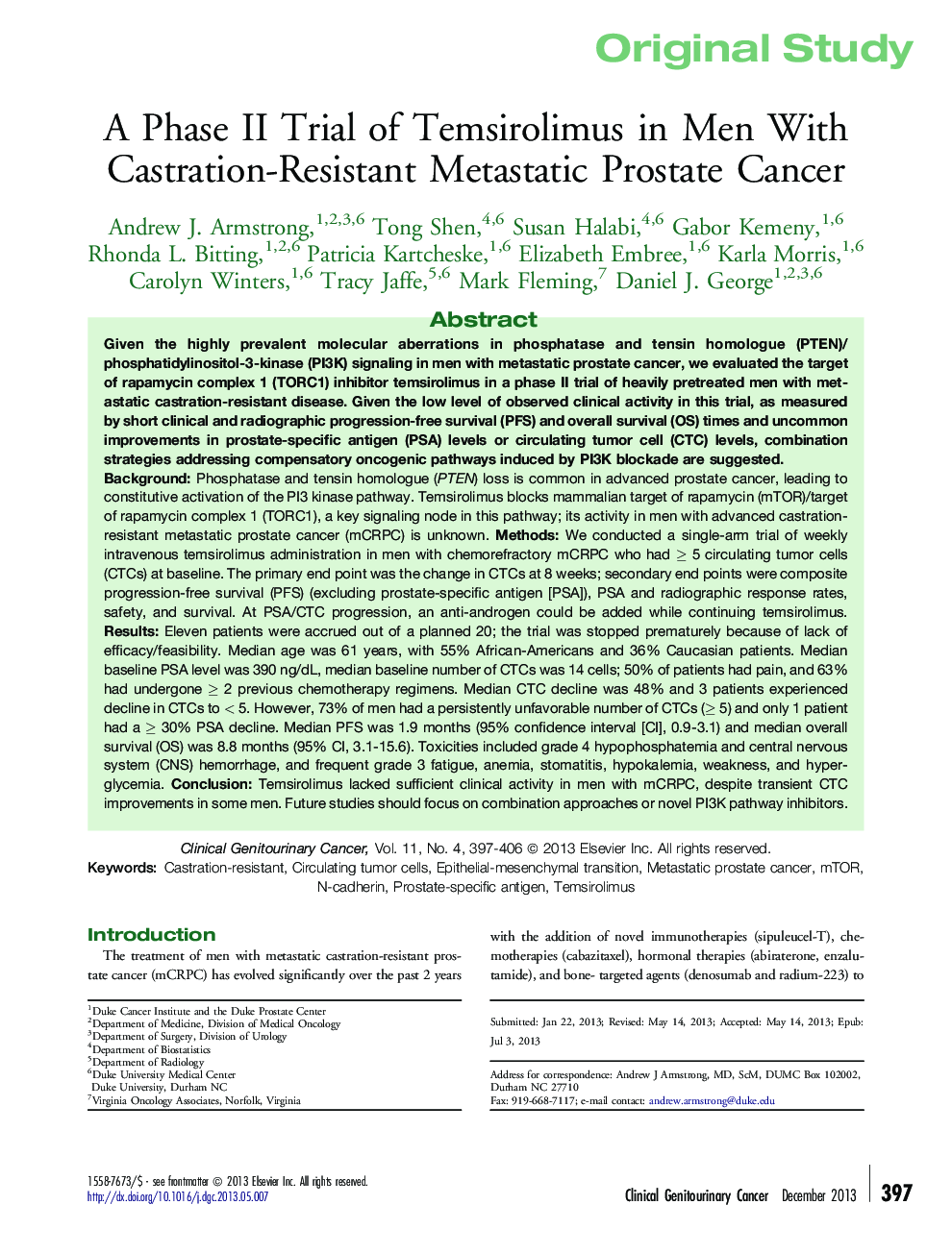 A Phase II Trial of Temsirolimus in Men With Castration-Resistant Metastatic Prostate Cancer
