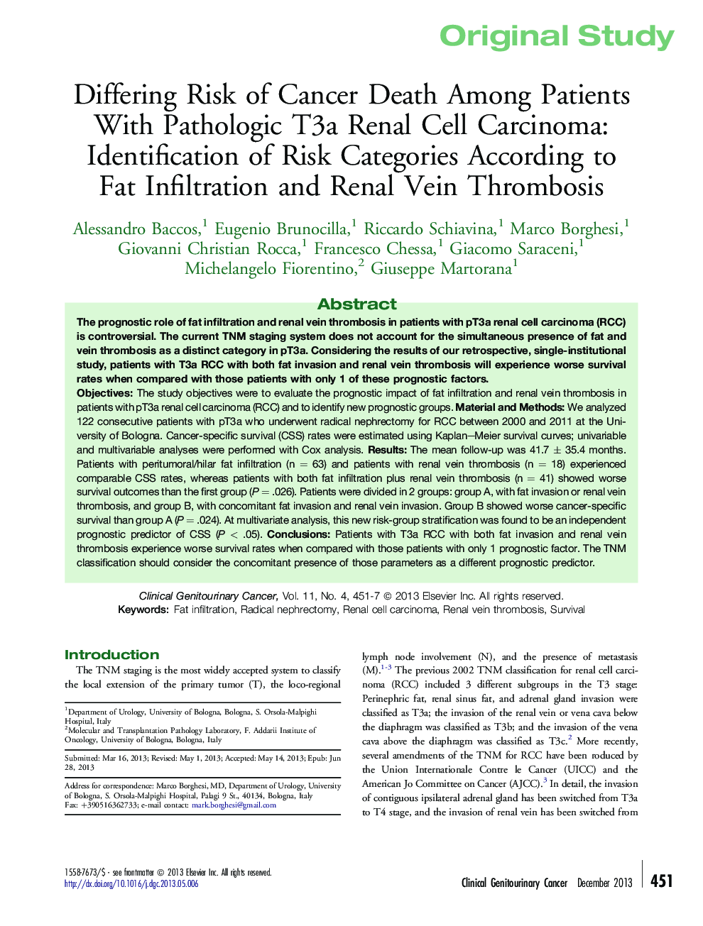 Differing Risk of Cancer Death Among Patients With Pathologic T3a Renal Cell Carcinoma: Identification of Risk Categories According to Fat Infiltration and Renal Vein Thrombosis