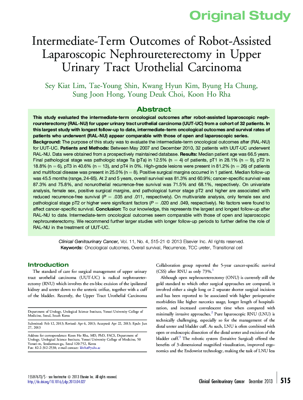 Intermediate-Term Outcomes of Robot-Assisted Laparoscopic Nephroureterectomy in Upper Urinary Tract Urothelial Carcinoma