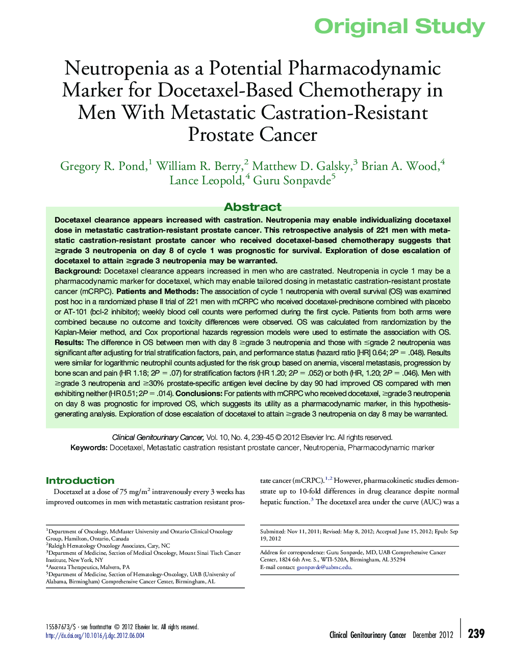 Neutropenia as a Potential Pharmacodynamic Marker for Docetaxel-Based Chemotherapy in Men With Metastatic Castration-Resistant Prostate Cancer