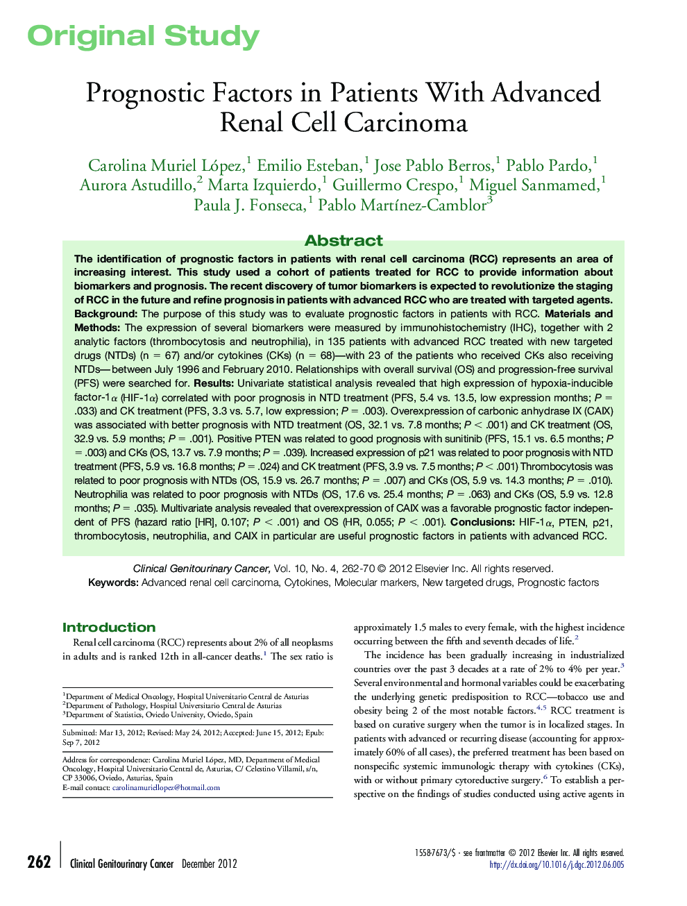 Prognostic Factors in Patients With Advanced Renal Cell Carcinoma