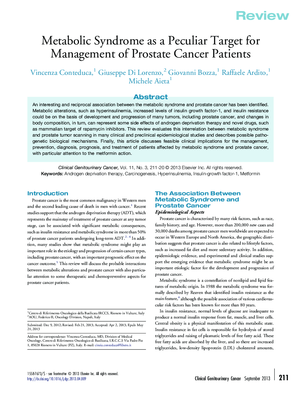 Metabolic Syndrome as a Peculiar Target for Management of Prostate Cancer Patients