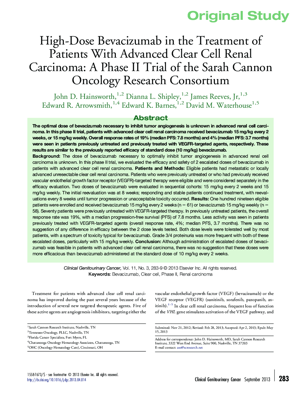 High-Dose Bevacizumab in the Treatment of Patients With Advanced Clear Cell Renal Carcinoma: A Phase II Trial of the Sarah Cannon Oncology Research Consortium