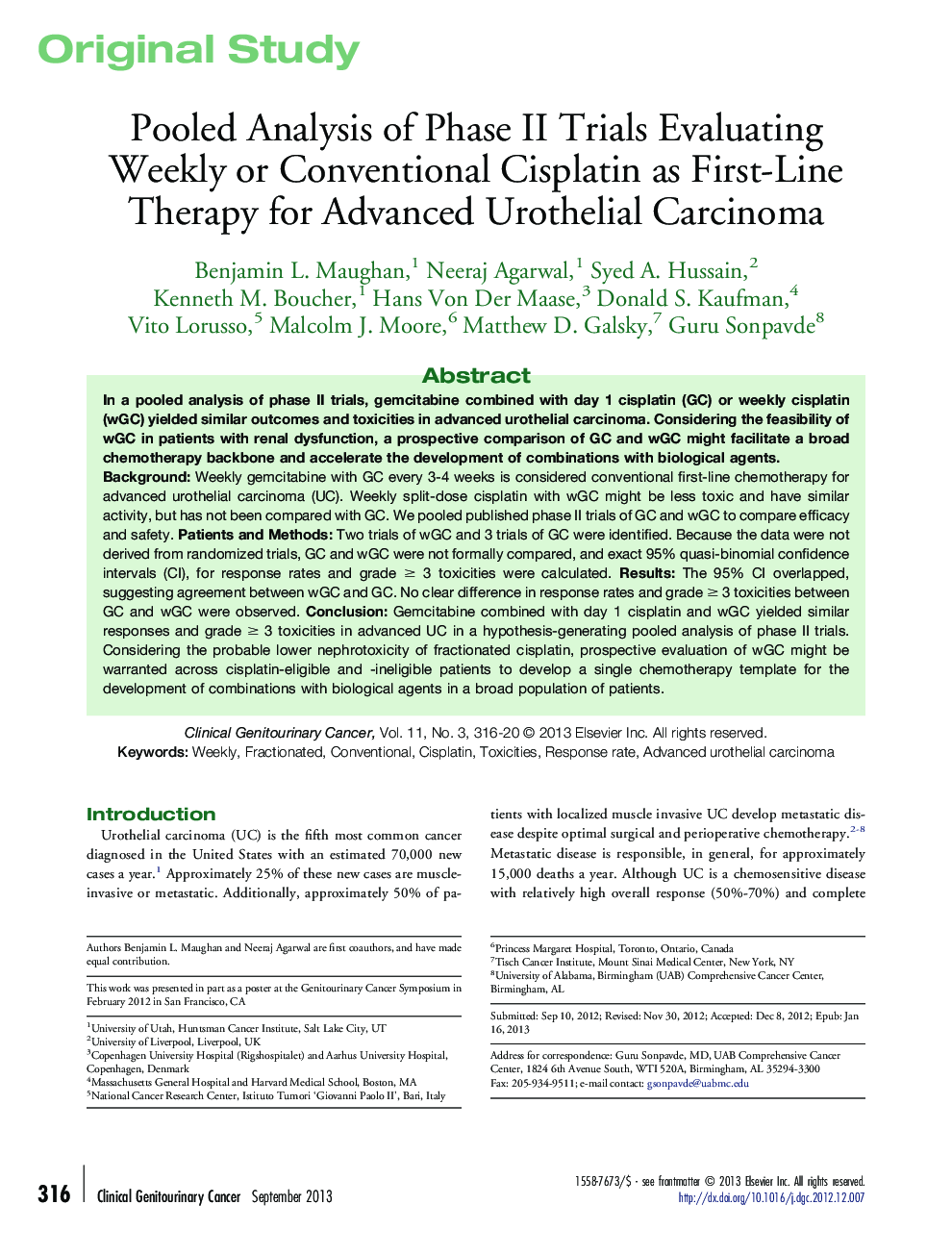 Pooled Analysis of Phase II Trials Evaluating Weekly or Conventional Cisplatin as First-Line Therapy for Advanced Urothelial Carcinoma