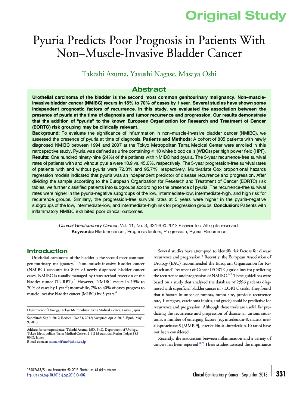 Pyuria Predicts Poor Prognosis in Patients With Non–Muscle-Invasive Bladder Cancer