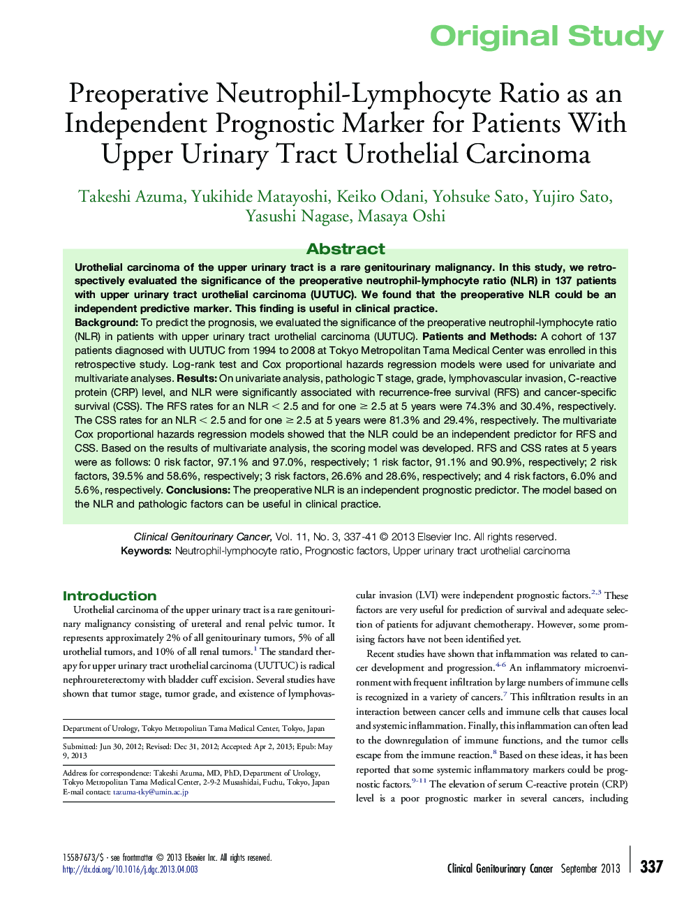 Preoperative Neutrophil-Lymphocyte Ratio as an Independent Prognostic Marker for Patients With Upper Urinary Tract Urothelial Carcinoma