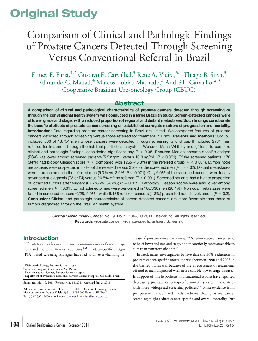 عکس صفحه اول مقاله: Comparison of Clinical and Pathologic Findings of Prostate Cancers Detected Through Screening Versus Conventional Referral in Brazil Comparison of Clinical and Pathologic Findings of Prostate Cancers Detected Through Screening Versus Conventional Referral in Brazil