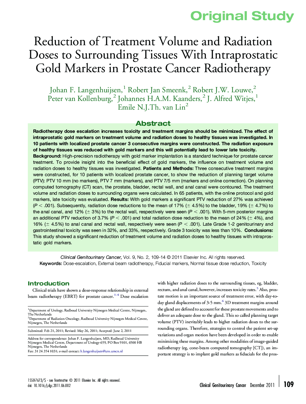 Reduction of Treatment Volume and Radiation Doses to Surrounding Tissues With Intraprostatic Gold Markers in Prostate Cancer Radiotherapy