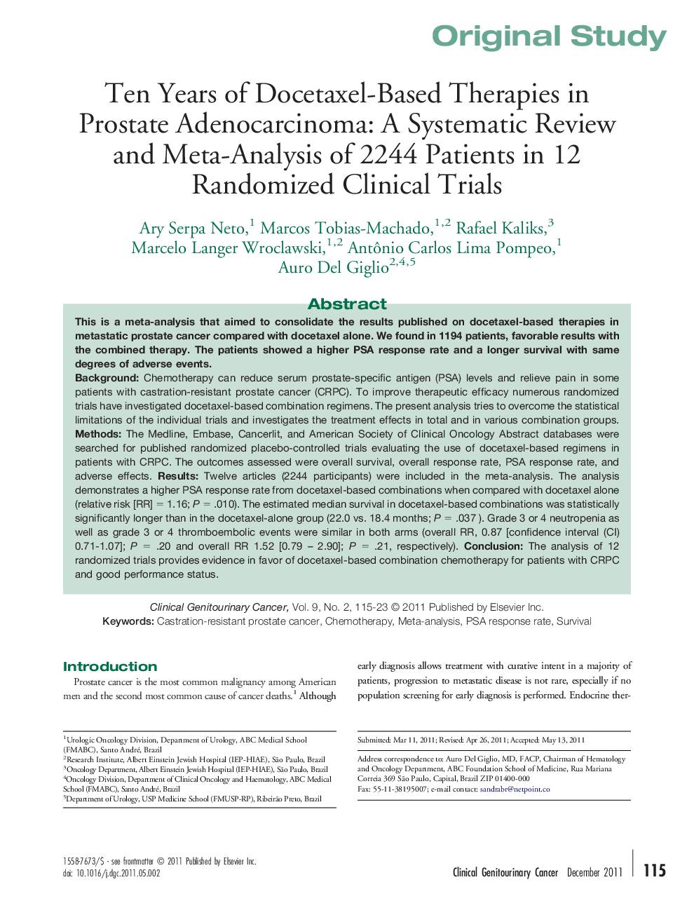 Ten Years of Docetaxel-Based Therapies in Prostate Adenocarcinoma: A Systematic Review and Meta-Analysis of 2244 Patients in 12 Randomized Clinical Trials