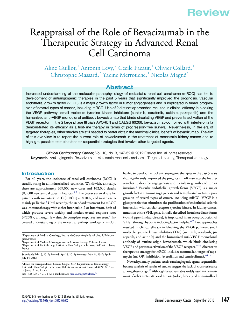 Reappraisal of the Role of Bevacizumab in the Therapeutic Strategy in Advanced Renal Cell Carcinoma