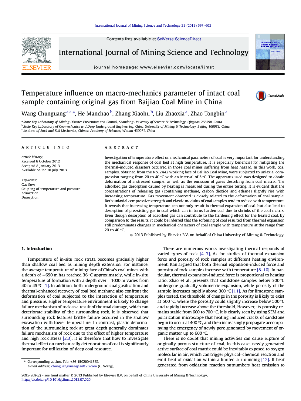 Temperature influence on macro-mechanics parameter of intact coal sample containing original gas from Baijiao Coal Mine in China