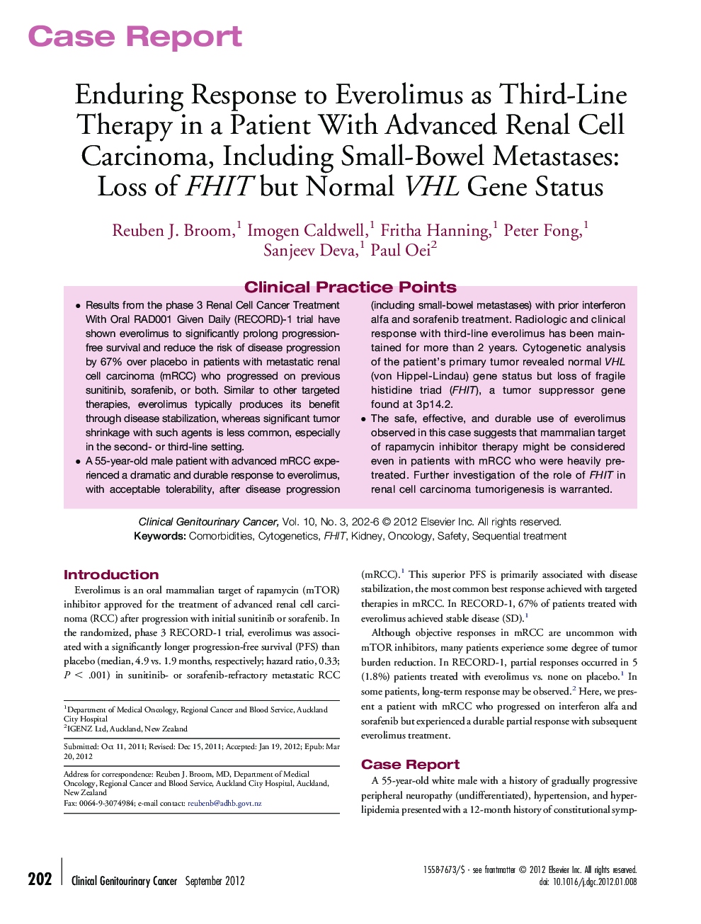 Enduring Response to Everolimus as Third-Line Therapy in a Patient With Advanced Renal Cell Carcinoma, Including Small-Bowel Metastases: Loss of FHIT but Normal VHL Gene Status