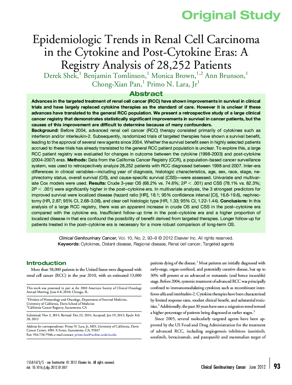 عکس صفحه اول مقاله: Epidemiologic Trends in Renal Cell Carcinoma in the Cytokine and Post-Cytokine Eras: A Registry Analysis of 28,252 Patients Epidemiologic Trends in Renal Cell Carcinoma in the Cytokine and Post-Cytokine Eras: A Registry Analysis of 28,252 Patients