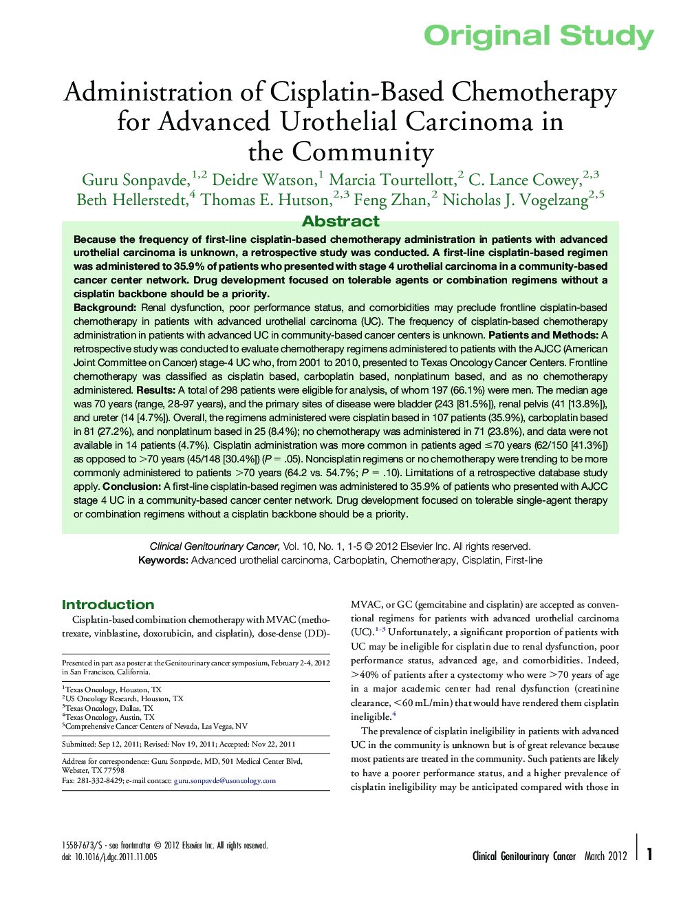 Administration of Cisplatin-Based Chemotherapy for Advanced Urothelial Carcinoma in the Community