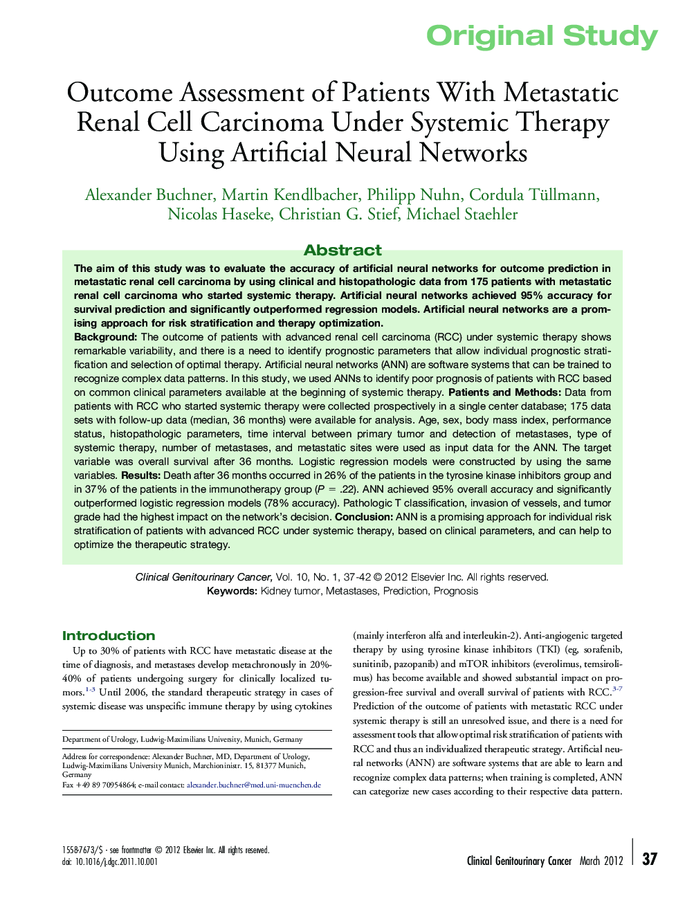 Outcome Assessment of Patients With Metastatic Renal Cell Carcinoma Under Systemic Therapy Using Artificial Neural Networks