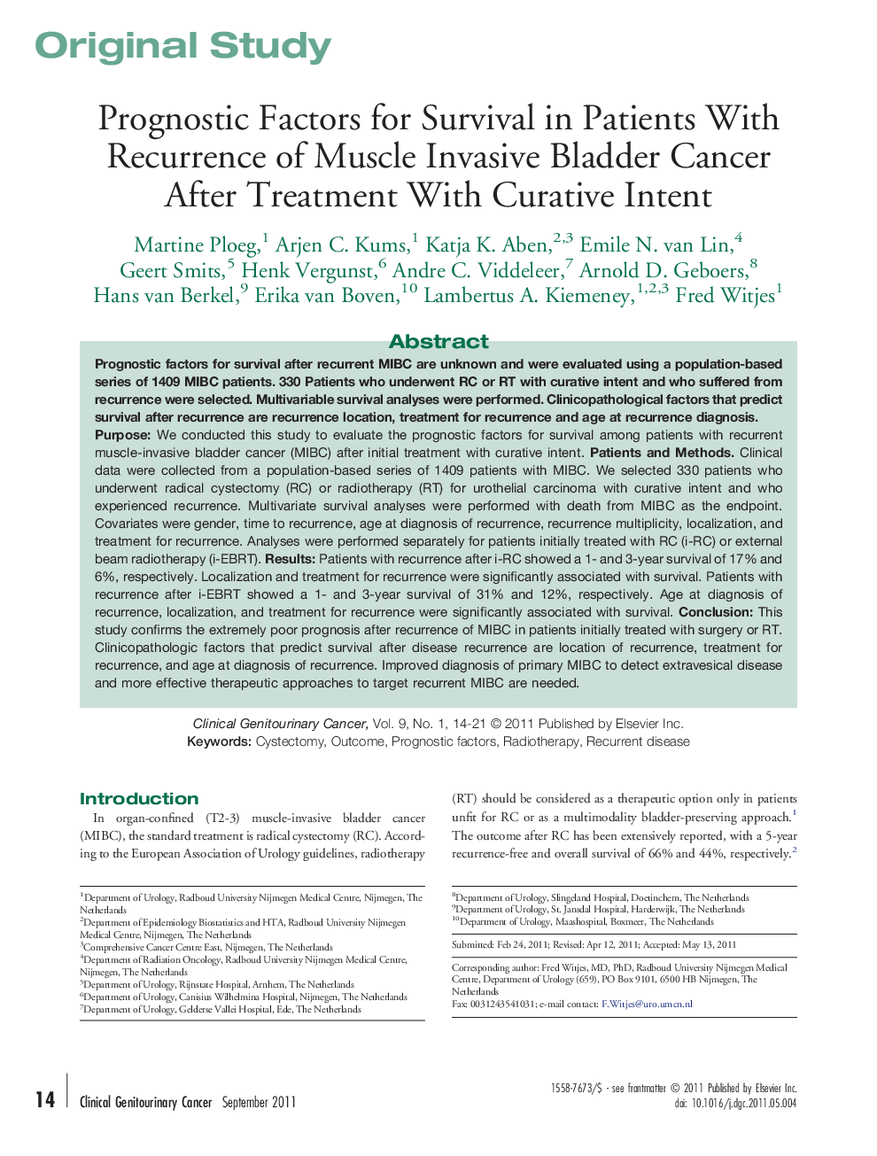 Prognostic Factors for Survival in Patients With Recurrence of Muscle Invasive Bladder Cancer After Treatment With Curative Intent