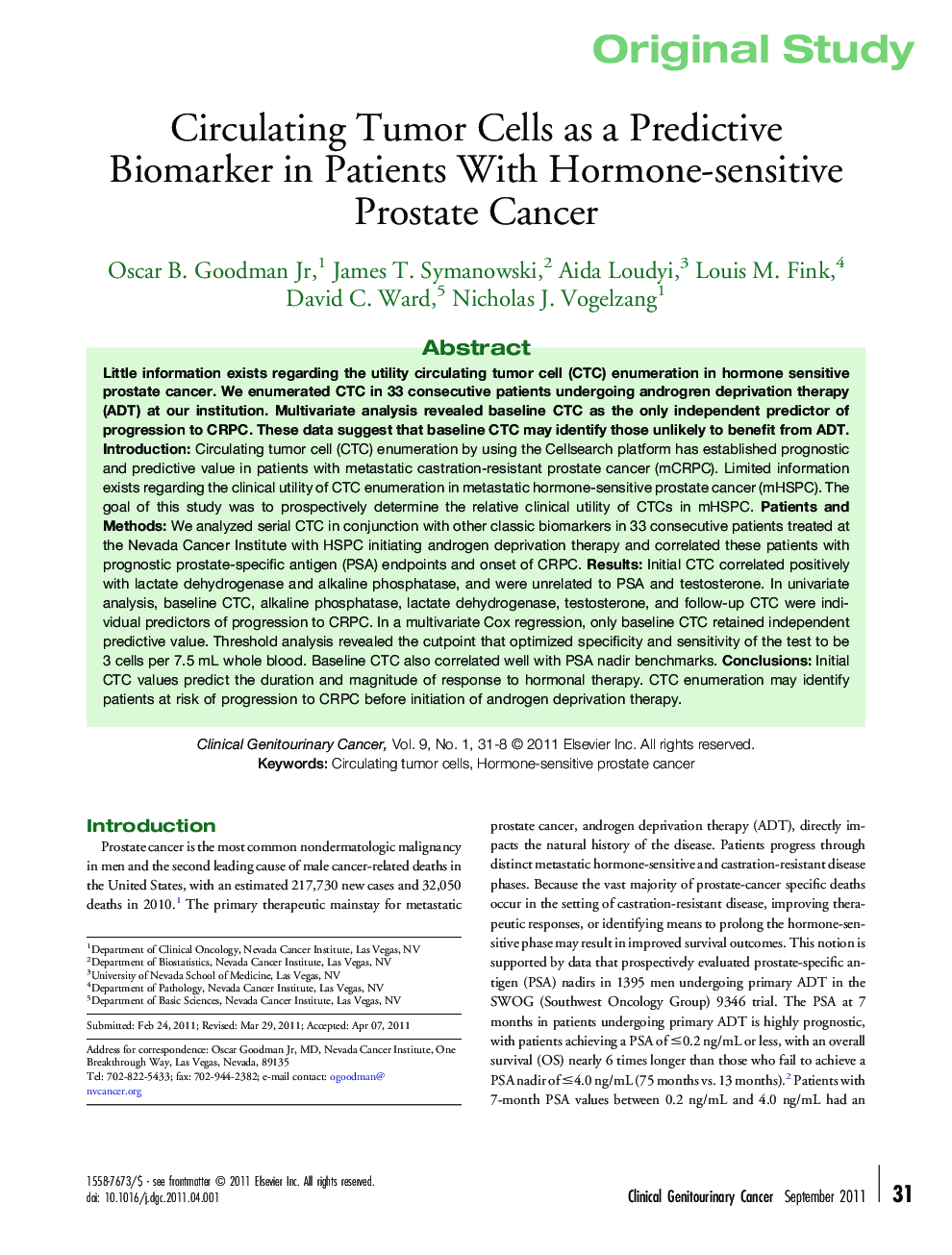 Circulating Tumor Cells as a Predictive Biomarker in Patients With Hormone-sensitive Prostate Cancer