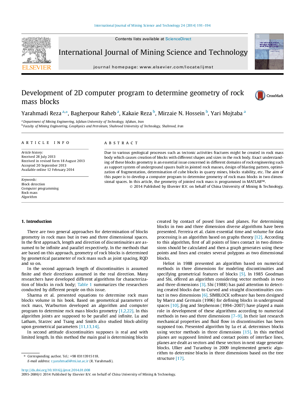 Development of 2D computer program to determine geometry of rock mass blocks