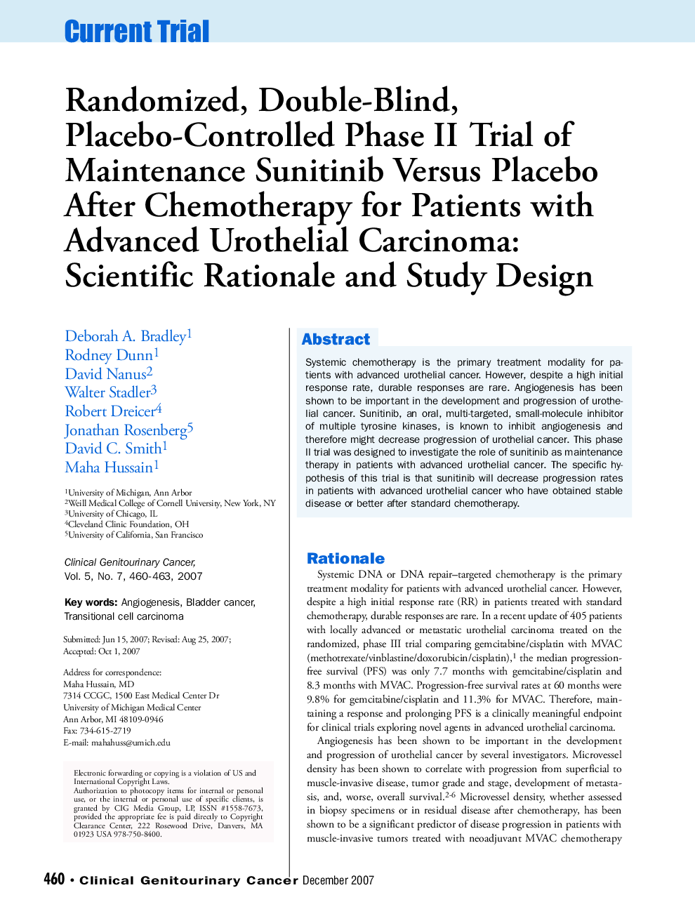 Randomized, Double-Blind, Placebo-Controlled Phase II Trial of Maintenance Sunitinib Versus Placebo After Chemotherapy for Patients with Advanced Urothelial Carcinoma: Scientific Rationale and Study Design 