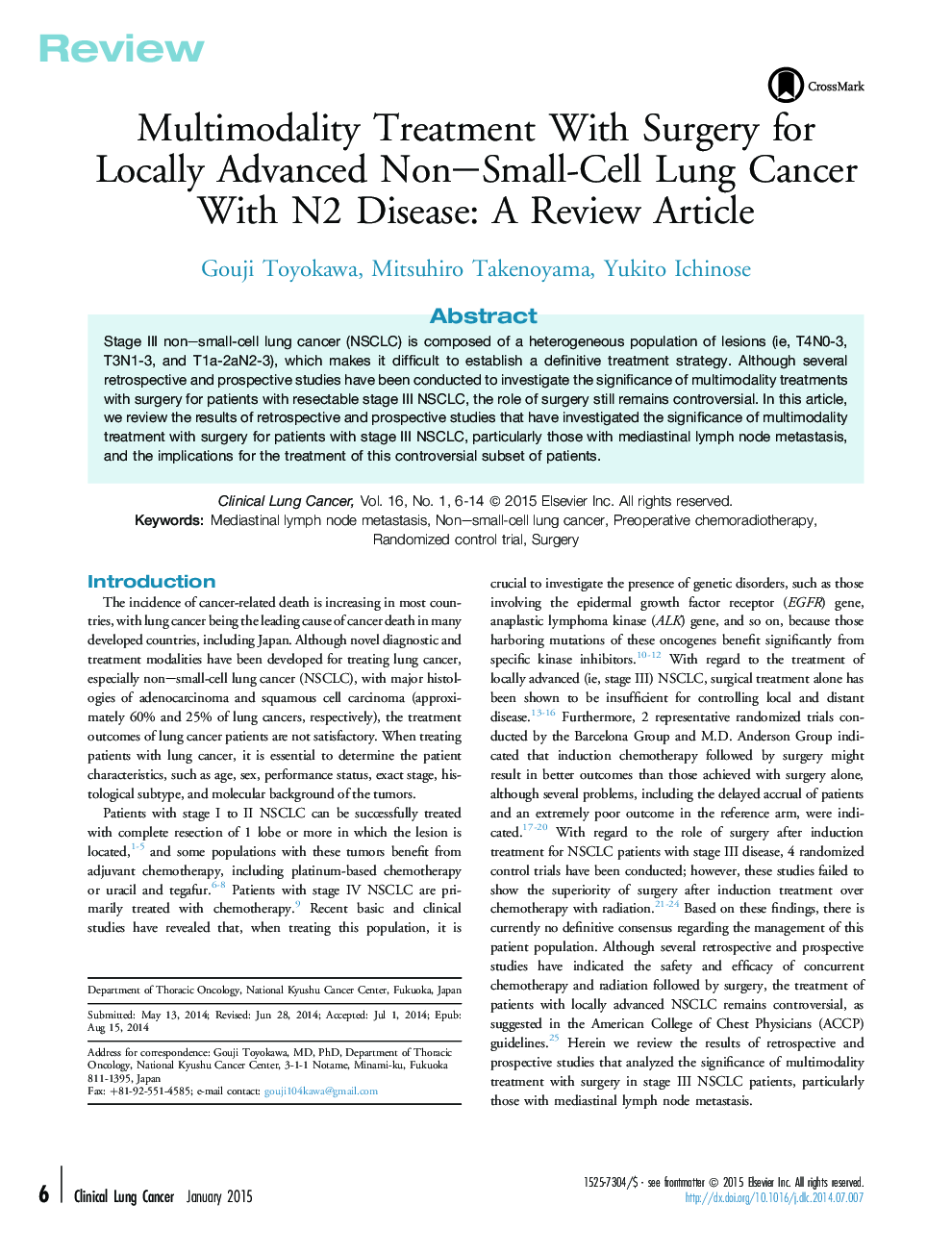 Multimodality Treatment With Surgery for Locally Advanced Non–Small-Cell Lung Cancer With N2 Disease: A Review Article