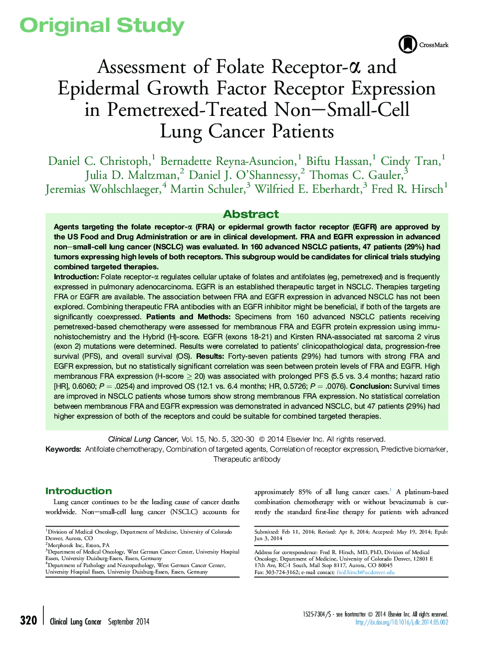 Assessment of Folate Receptor-Î± and Epidermal Growth Factor Receptor Expression in Pemetrexed-Treated Non-Small-Cell Lung Cancer Patients