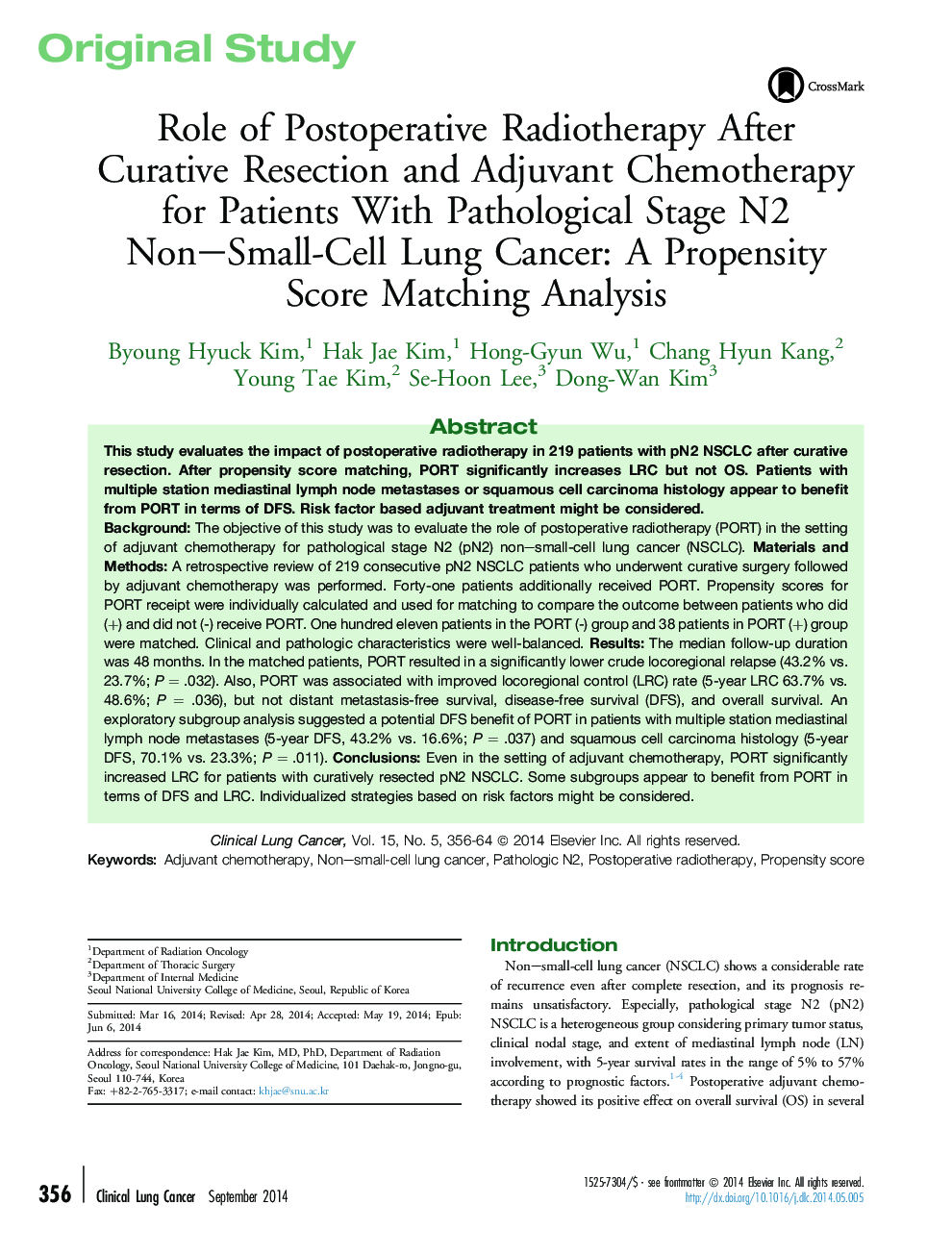 Role of Postoperative Radiotherapy After Curative Resection and Adjuvant Chemotherapy for Patients With Pathological Stage N2 Non–Small-Cell Lung Cancer: A Propensity Score Matching Analysis