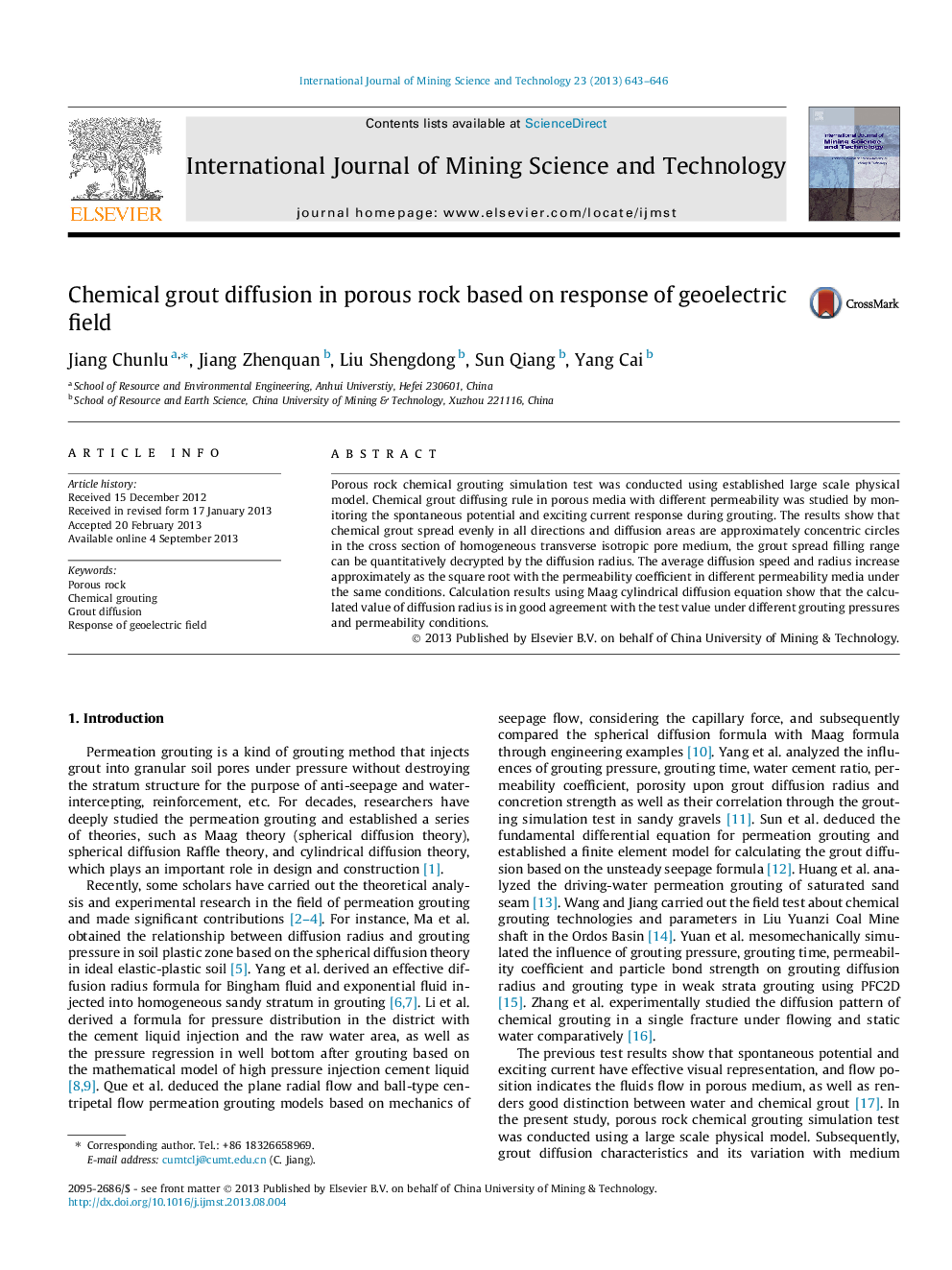 Chemical grout diffusion in porous rock based on response of geoelectric field