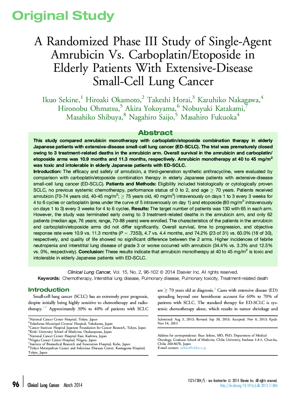 A Randomized Phase III Study of Single-Agent Amrubicin Vs. Carboplatin/Etoposide in Elderly Patients With Extensive-Disease Small-Cell Lung Cancer