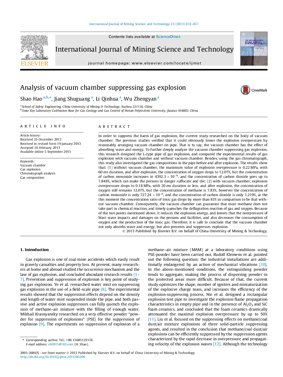 Analysis of vacuum chamber suppressing gas explosion