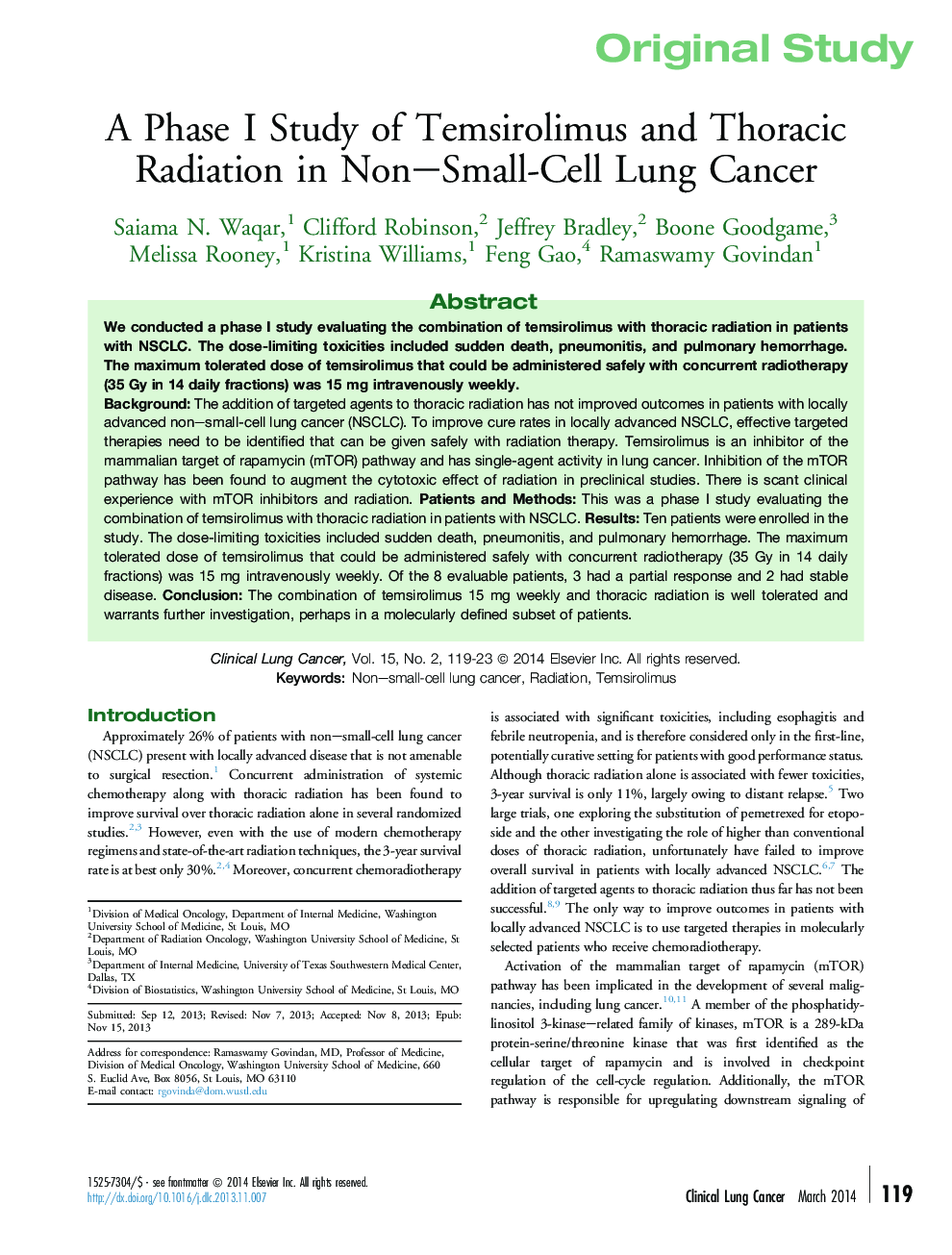 A Phase I Study of Temsirolimus and Thoracic Radiation in Non–Small-Cell Lung Cancer