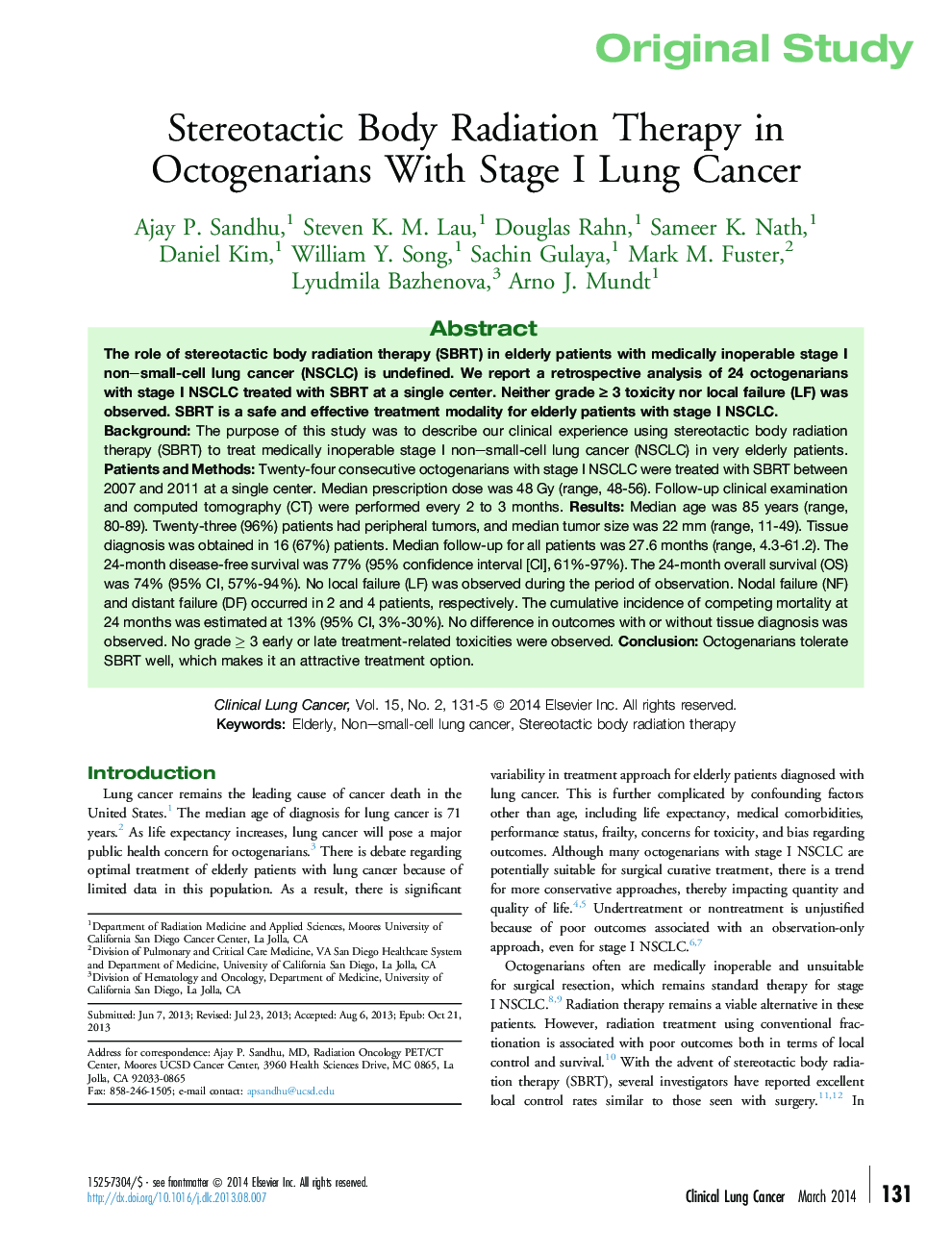 Stereotactic Body Radiation Therapy in Octogenarians With Stage I Lung Cancer