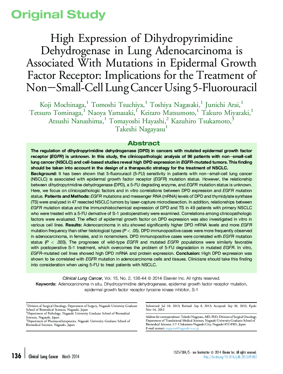 High Expression of Dihydropyrimidine Dehydrogenase in Lung Adenocarcinoma is Associated With Mutations in Epidermal Growth Factor Receptor: Implications for the Treatment of Non-Small-Cell Lung Cancer Using 5-Fluorouracil