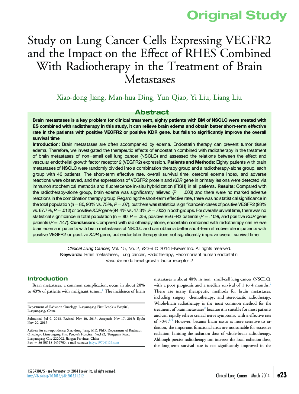 Study on Lung Cancer Cells Expressing VEGFR2 and the Impact on the Effect of RHES Combined With Radiotherapy in the Treatment of Brain Metastases