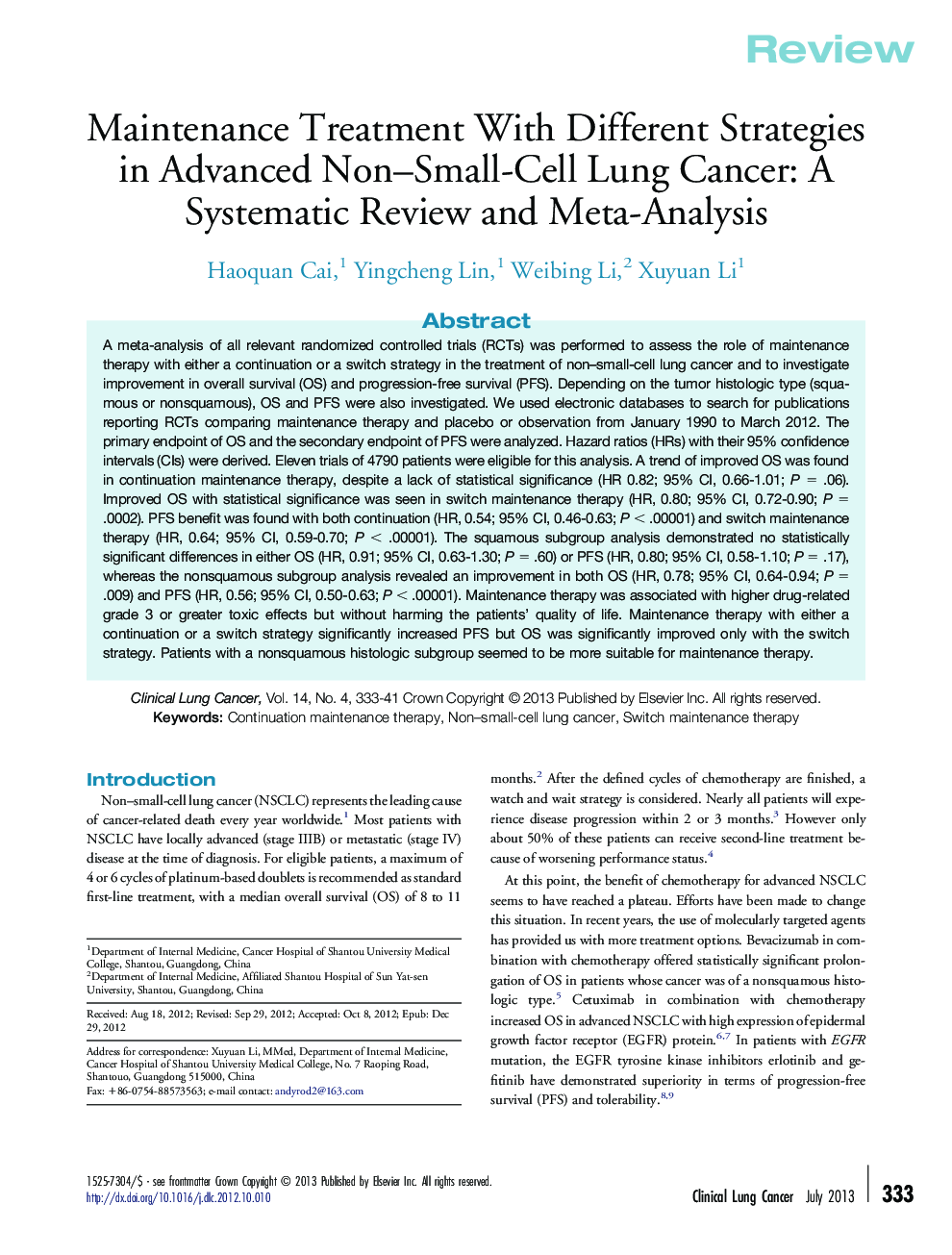 عکس صفحه اول مقاله: Maintenance Treatment With Different Strategies in Advanced Non–Small-Cell Lung Cancer: A Systematic Review and Meta-Analysis Maintenance Treatment With Different Strategies in Advanced Non–Small-Cell Lung Cancer: A Systematic Review and Meta-Analysis