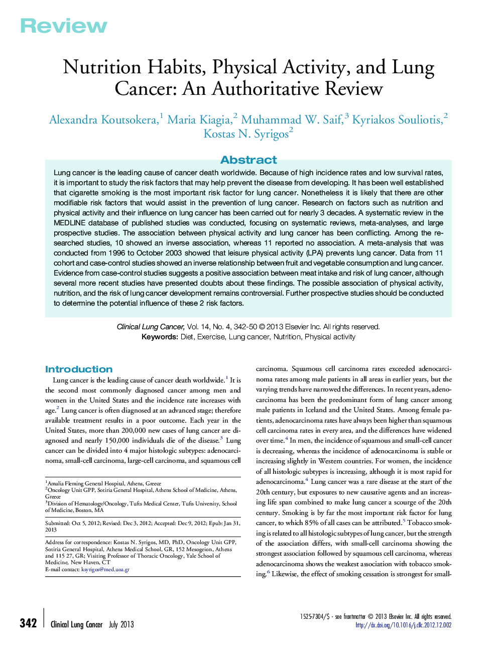 Nutrition Habits, Physical Activity, and Lung Cancer: An Authoritative Review