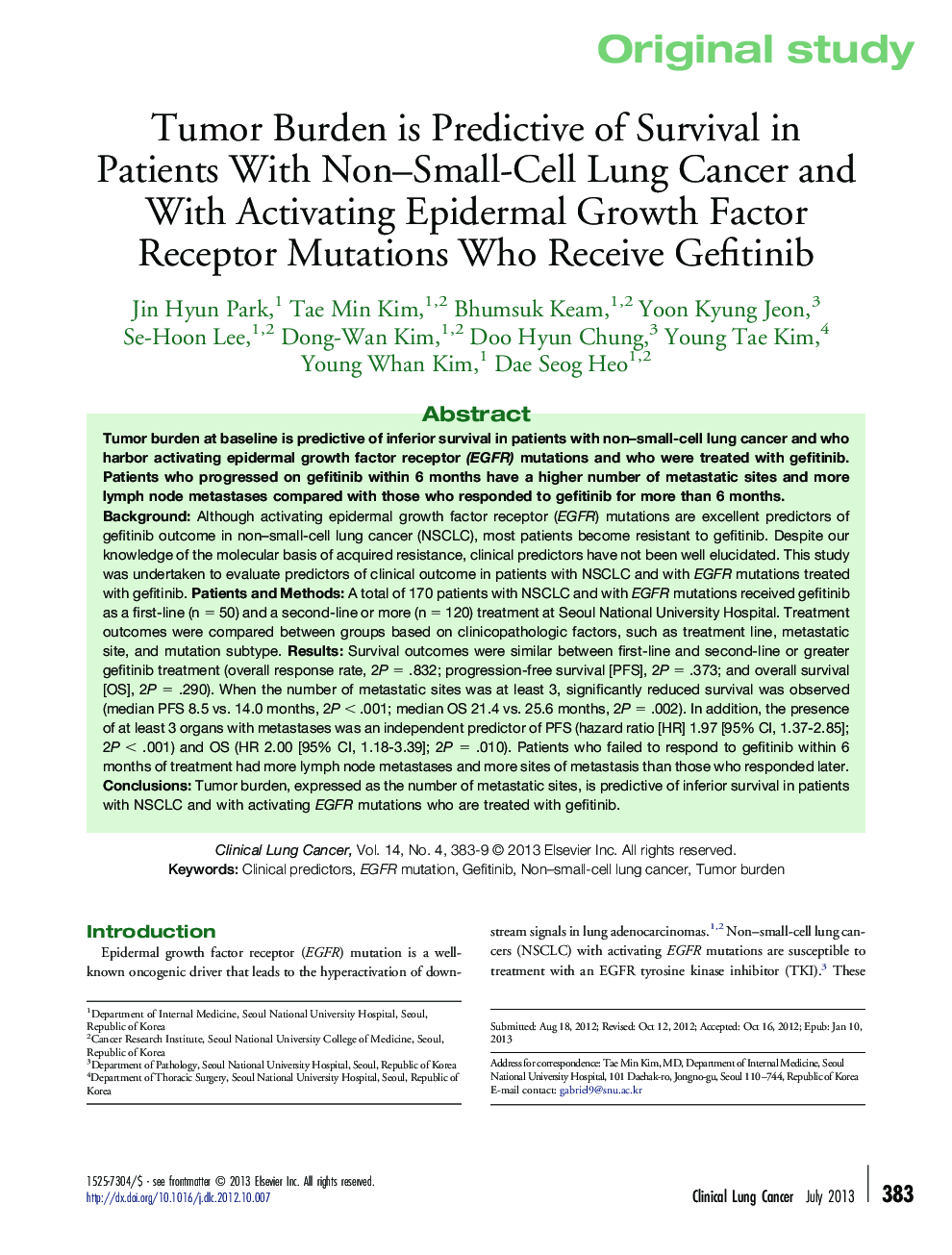 Tumor Burden is Predictive of Survival in Patients With Non-Small-Cell Lung Cancer and With Activating Epidermal Growth Factor Receptor Mutations Who Receive Gefitinib