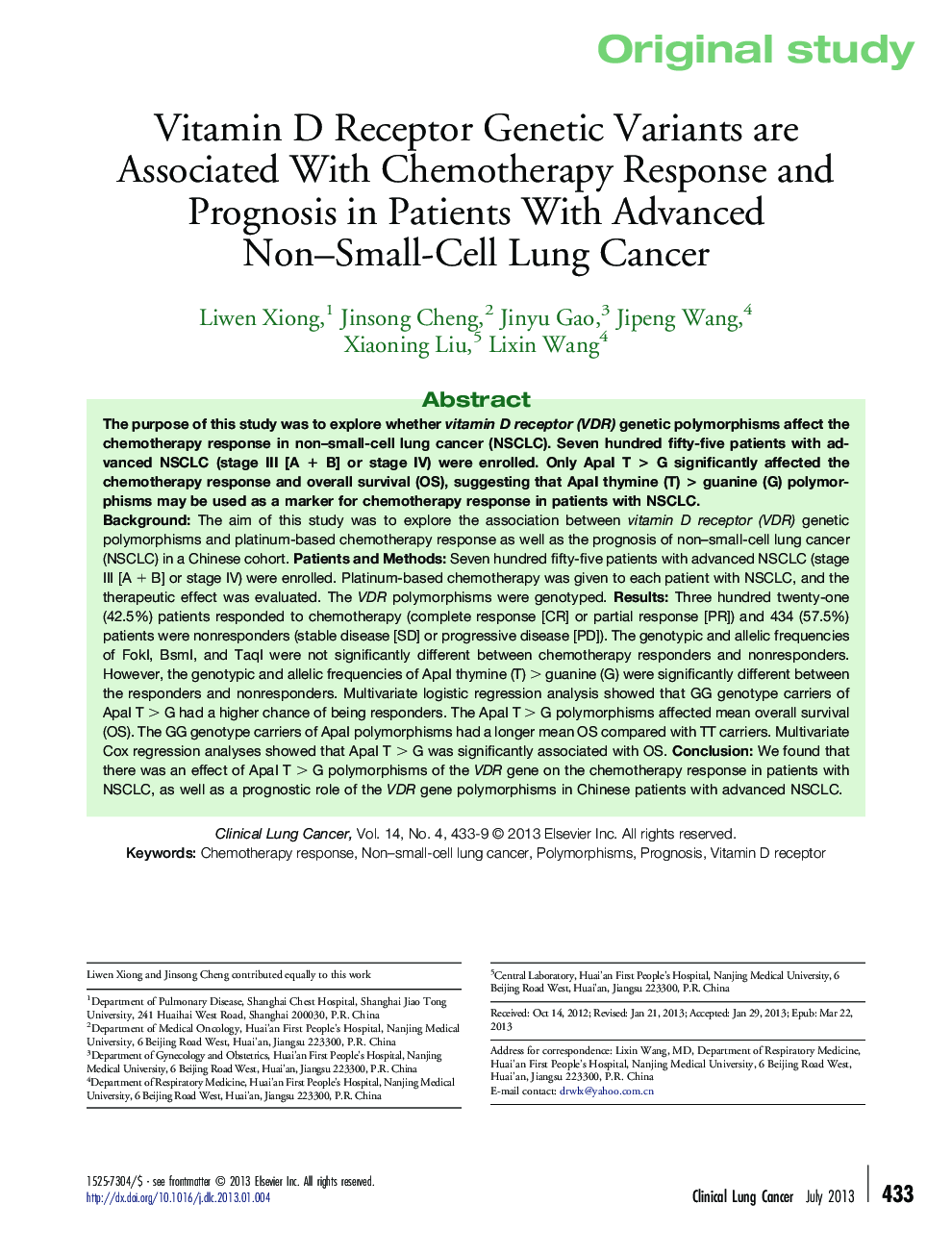 Vitamin D Receptor Genetic Variants are Associated With Chemotherapy Response and Prognosis in Patients With Advanced Non–Small-Cell Lung Cancer 