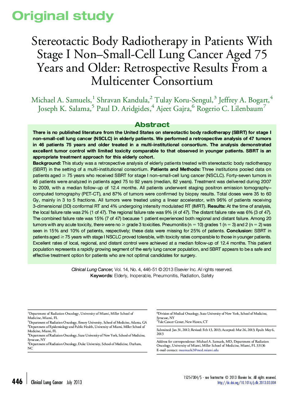 Stereotactic Body Radiotherapy in Patients With Stage I Non–Small-Cell Lung Cancer Aged 75 Years and Older: Retrospective Results From a Multicenter Consortium