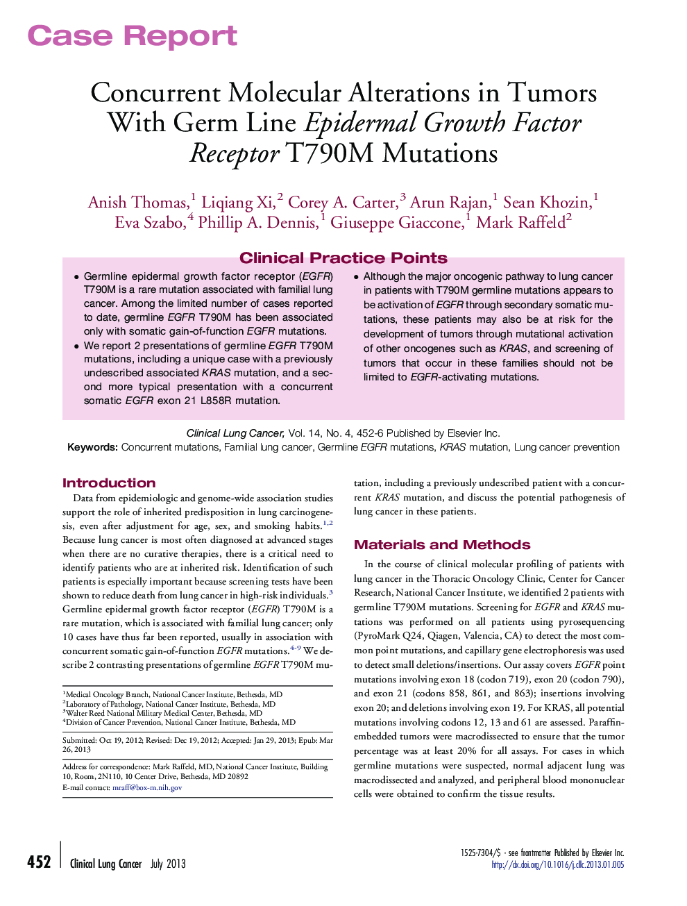 Concurrent Molecular Alterations in Tumors With Germ Line Epidermal Growth Factor Receptor T790M Mutations