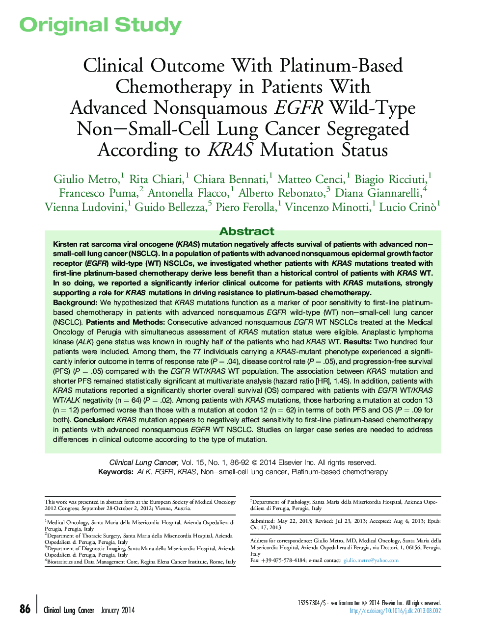 Clinical Outcome With Platinum-Based Chemotherapy in Patients With Advanced Nonsquamous EGFR Wild-Type Non–Small-Cell Lung Cancer Segregated According to KRAS Mutation Status