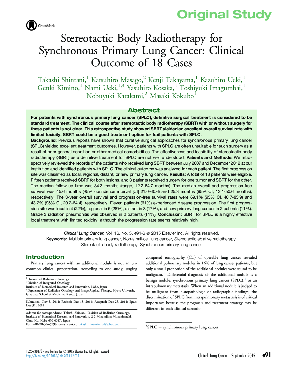 Stereotactic Body Radiotherapy for Synchronous Primary Lung Cancer: Clinical Outcome of 18 Cases