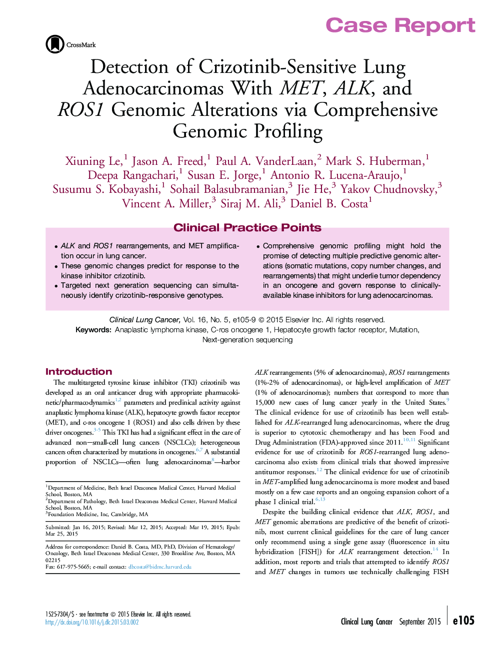 Detection of Crizotinib-Sensitive Lung Adenocarcinomas With MET, ALK, and ROS1 Genomic Alterations via Comprehensive Genomic Profiling